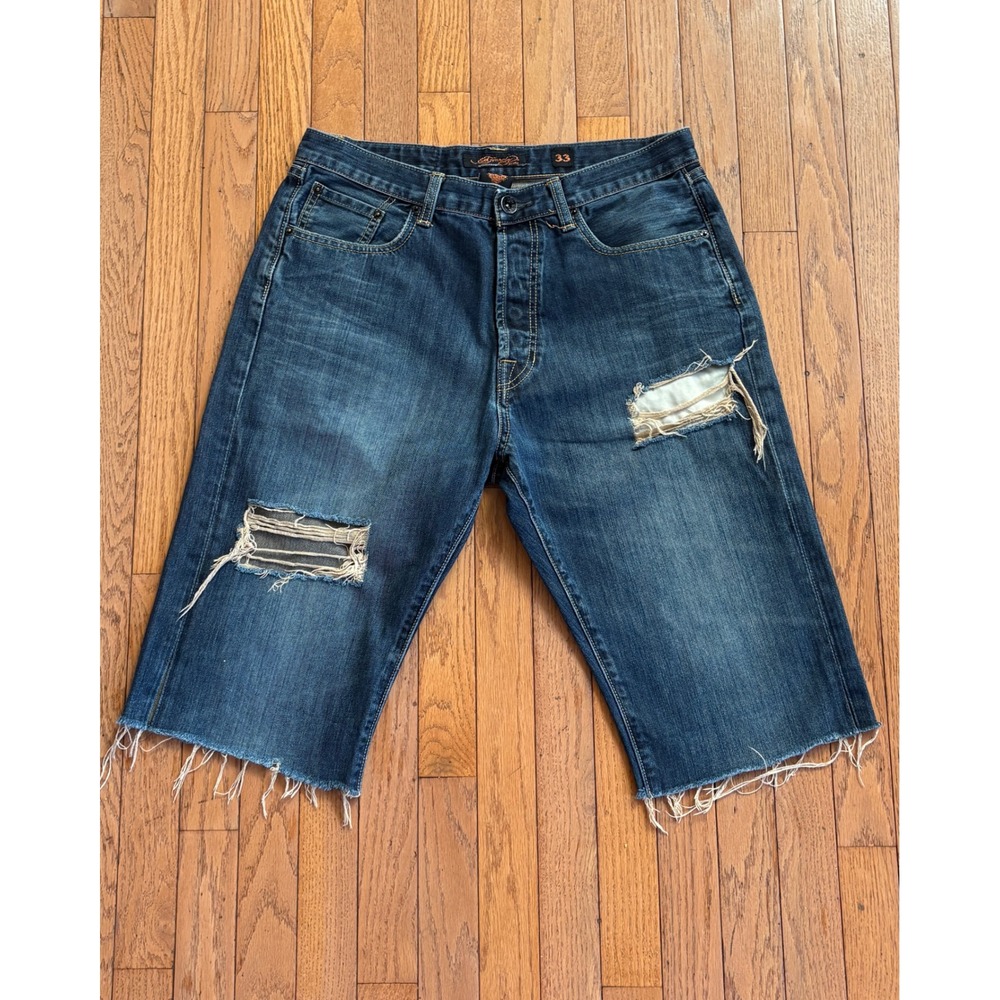 Y2K Ed Hardy Denim Shorts Distressed Raw Hem Embroidered Logo 33 Blue Mens